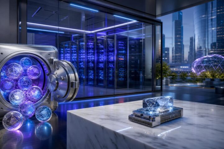 Ein futuristischer Raum mit leuchtenden Serverracks, einem offenen Tresor voller schimmernder Token-Kugeln und einem