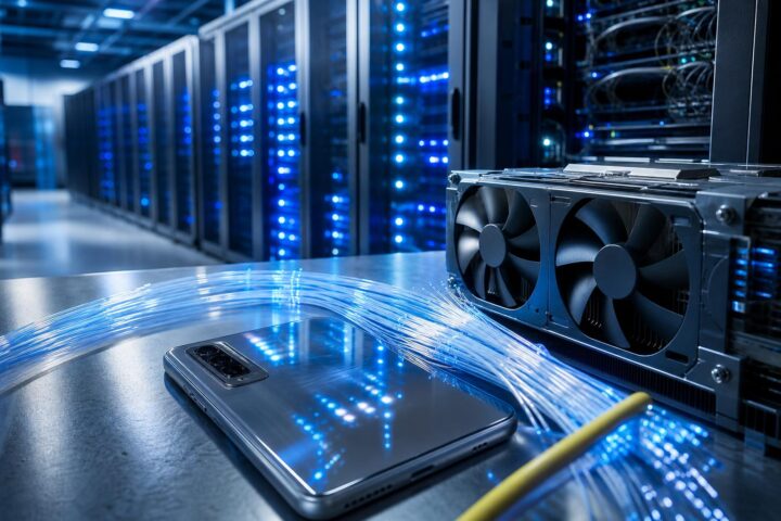 Ein silbernes Smartphone liegt neben einem Kühlmodul und Glasfaserkabeln vor Server-Racks mit blauen LEDs in einem
