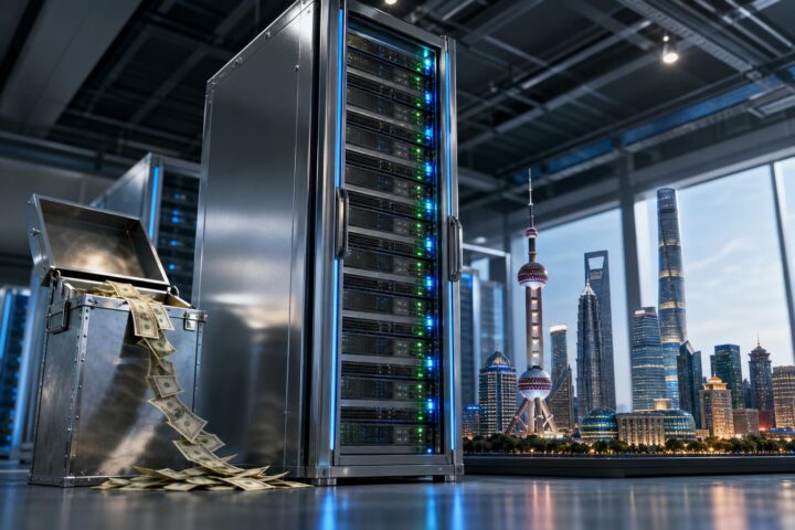 Ein beleuchtetes Server-Rack steht neben einer offenen Kiste, aus der Geldscheine fließen, mit einem Miniaturmodell der