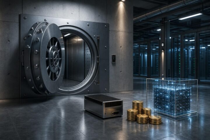 Ein massiver Stahl-Vault mit geöffneter Tür in einem kühlen Rechenzentrumsraum, daneben ein Hardware-Sicherheitsmodul, ein