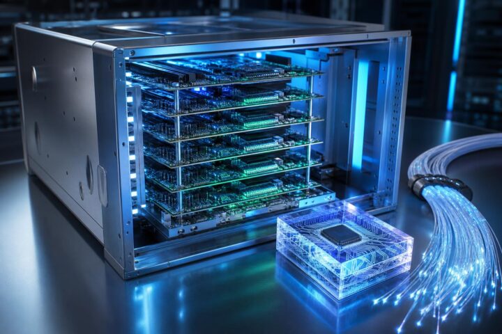 Ein offenes silbernes Rechenzentrumsgehäuse mit einem leuchtenden, mehrschichtigen Motherboard-Turm und einem transparenten