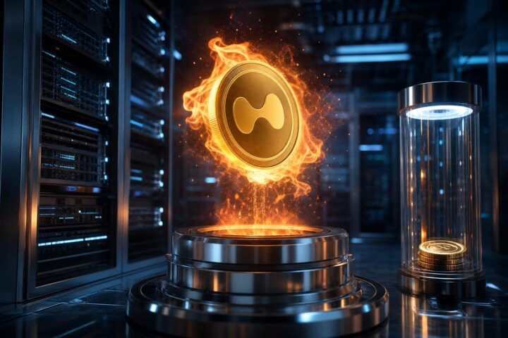 Ein glänzender goldfarbener Krypto-Coin schwebt über einer futuristischen Brennkammer in einem hochglänzenden Serverraum.