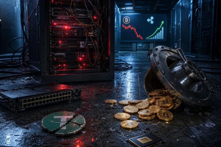 Ein geöffnetes Server-Rack mit roten Warnleuchten, ein Tresor mit gefallenen Bitcoin-Münzen, ein zerbrochenes USDT-Symbol