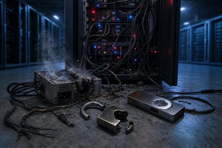 Ein beschädigtes Netzteil, ein zerbrochenes Schloss und ein Hardware-Wallet liegen vor einem Server-Rack in einem