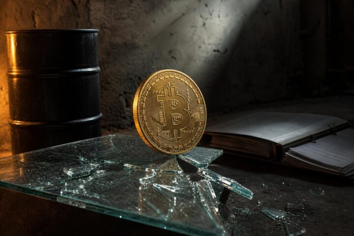 Eine große Bitcoin-Münze steht auf einer zerbrochenen Glasplatte neben einem Ölfass und einem leeren Ordner in einem dunklen