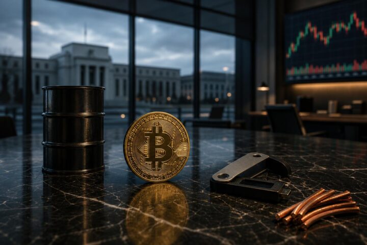 Ein goldener Bitcoin mit B-Symbol liegt auf dunklem Marmor neben einer Hardware-Wallet, einem Metallfass und Kupferkabeln in