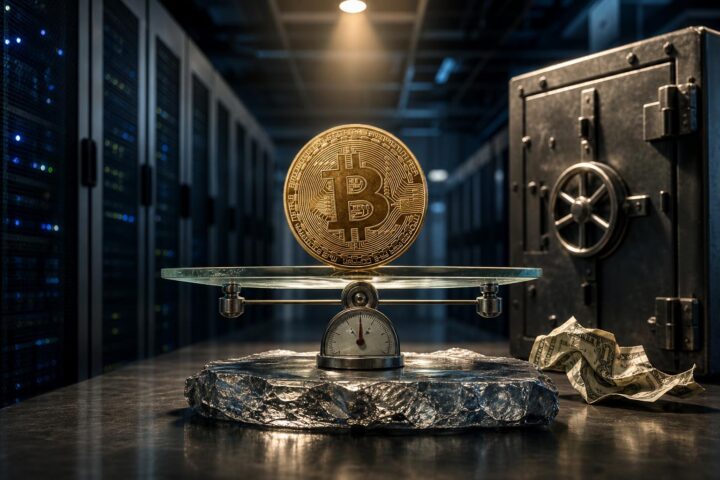 Eine große Bitcoin-Münze steht auf einer Waage in einem Serverraum neben einem Safe und zerknüllten US-Dollar-Scheinen.