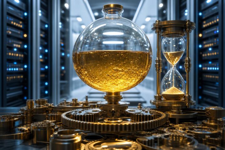 Eine kugelförmige, gläserne Flasche mit goldenem Inhalt schwebt über Zahnrädern, daneben eine bronzene Sanduhr in einem
