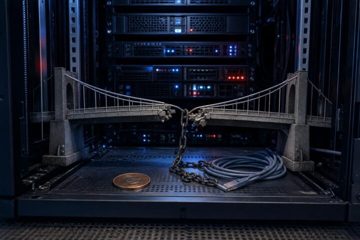 Eine zerbrochene Miniatur-Brücke liegt in einem Server-Rack, mit einer Kette, einem Kupfer-Token und verknoteten Kabeln.