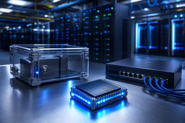 Ein glänzender Chip mit blauen LEDs liegt neben einem transparenten Safe und einem Ethernet-Switch in einem klimatisierten