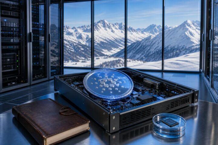 Ein offenes Serverrack mit einem glänzenden ADA-Token, einem Lederbuch und einem Protokollchip vor einer Glasfront mit