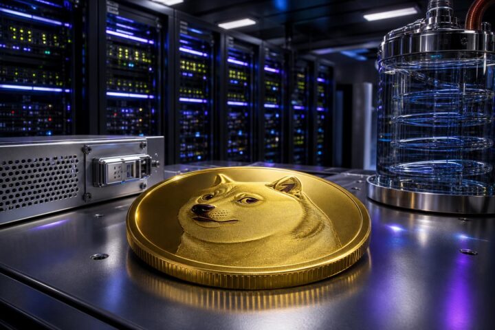 Ein goldener Dogecoin-Token mit Hundemotiv liegt auf einer Metallplatte vor Serverracks in einem futuristischen