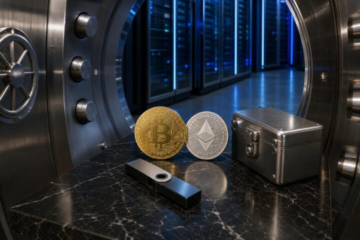 Ein offenes Tresor-Tor zeigt eine goldene Bitcoin-Münze und eine silberne Ethereum-Plakette auf schwarzem Marmor neben einem
