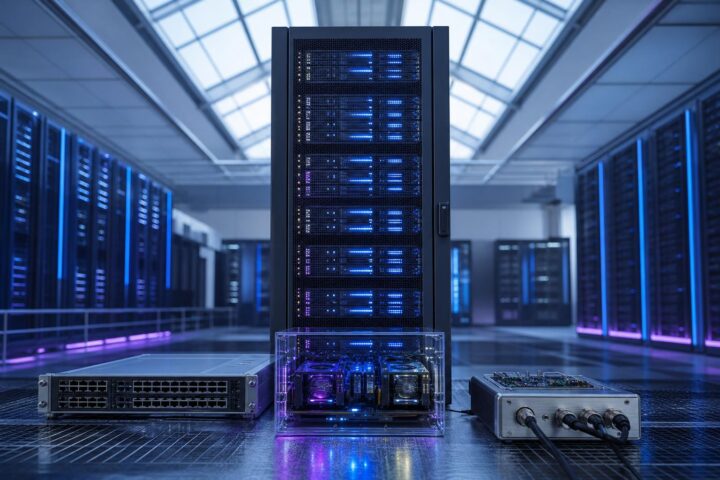 Ein moderner Server-Rack mit LED-Leuchten steht in einem klimatisierten Rechenzentrum. Daneben liegen ein Netzwerk-Switch,
