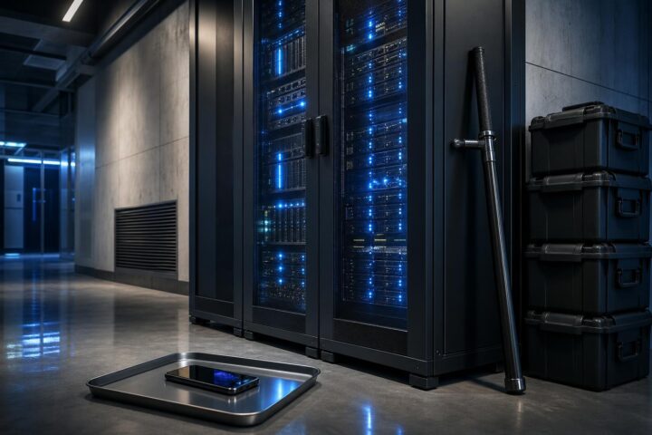 Ein Server-Rack mit blauen LEDs in einem kargen Datenzentrumsflur, daneben ein Smartphone auf einem Metalltablett, ein