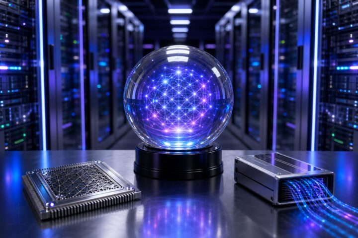 Eine leuchtende Glaskugel mit blauem Netz steht auf einem schwarzen Podest zwischen einem Quanten-Resistenz-Chip und einer