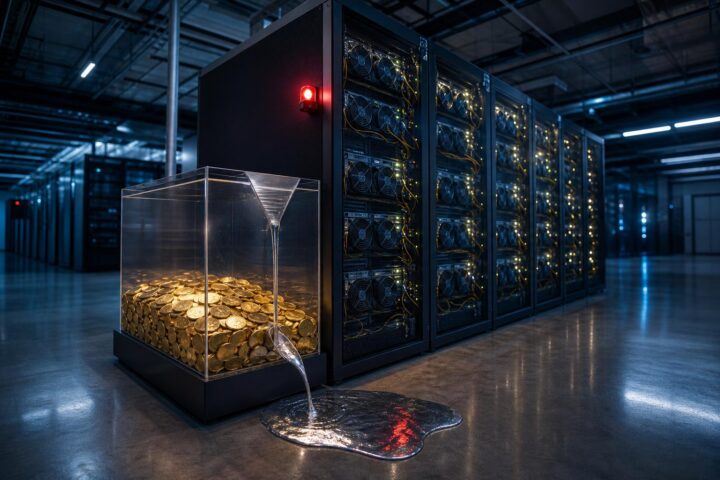 Ein Server-Rack mit leuchtenden GPU-Miner in einem industriellen Rechenzentrum, daneben ein Acrylbehälter mit goldenen