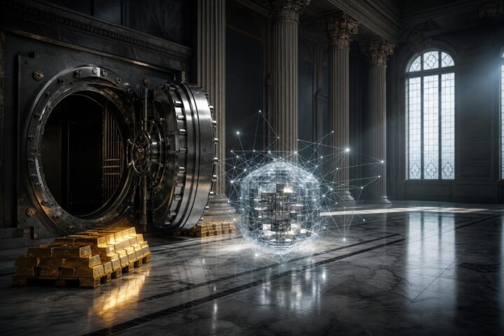 Ein massiver Tresor in einer verlassenen Bankhalle mit Goldbarren und einem holographischen Krypto-Kern.