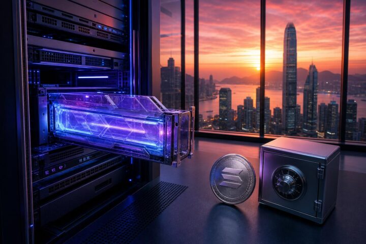 Ein leuchtendes, kristallartiges Upgrade-Modul in einem Server-Rack vor der Hongkonger Skyline bei Sonnenuntergang, mit