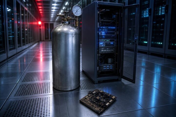 Ein silberner Industriegaszylinder mit Druckanzeige steht neben einem offenen Server-Rack mit blauen Anzeigen und einem