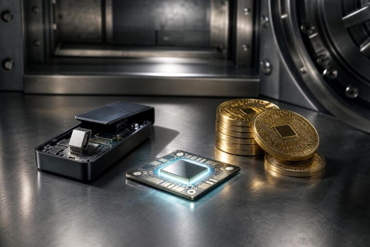 Geöffnetes Hardware-Wallet mit silbernem Chip, leuchtender Quantenchip auf Leiterplatte und Stapel goldener Krypto-Tokens in