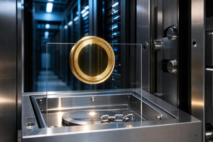 Ein goldener Ring schwebt über einer offenen Tresortür in einem modernen Banktresor mit Servern im Hintergrund.