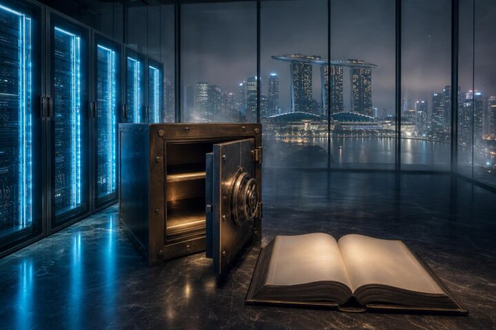 Ein Serverraum mit blauen LED-Leuchten, ein offener bronzener Safe und ein geöffnetes Leder-Ledger-Buch vor der nächtlichen