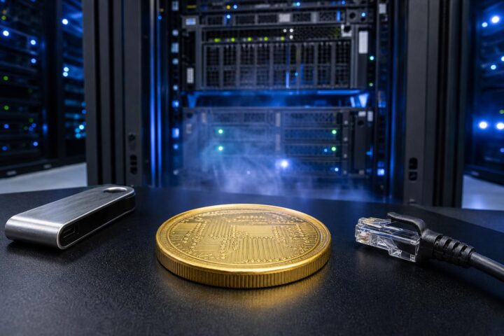 Ein goldener Token liegt neben einem silbernen Hardware-Wallet und einem Netzwerkkabel vor einem geöffneten Server-Rack in