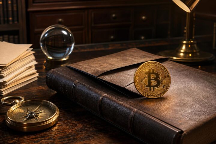Ein goldener Bitcoin auf einem ledergebundenen Finanzbericht in einem traditionell beleuchteten Büro mit Kompass,
