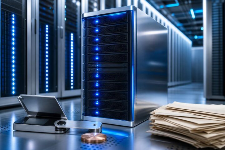 Ein glänzender Server mit blauen LEDs steht in einem Rechenzentrum neben einem offenen Hardware-Wallet, vergilbten