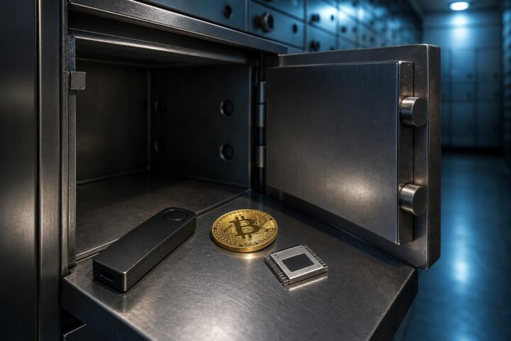 Ein geöffnetes Bankschließfach mit einem Hardware-Wallet, einer goldenen Bitcoin-Münze und einem Chip auf der metallenen