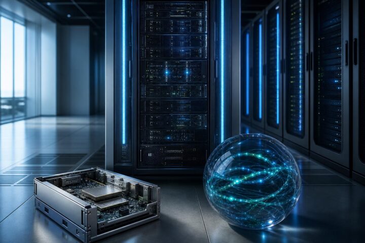 Ein Hochleistungs-Server mit blau leuchtenden LEDs in einem Rechenzentrum, daneben eine transparente Kugel mit leuchtenden