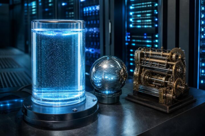 Ein Glaszylinder mit blau leuchtender Flüssigkeit steht neben einem pulsierenden silbernen Orb und einem bronzenen