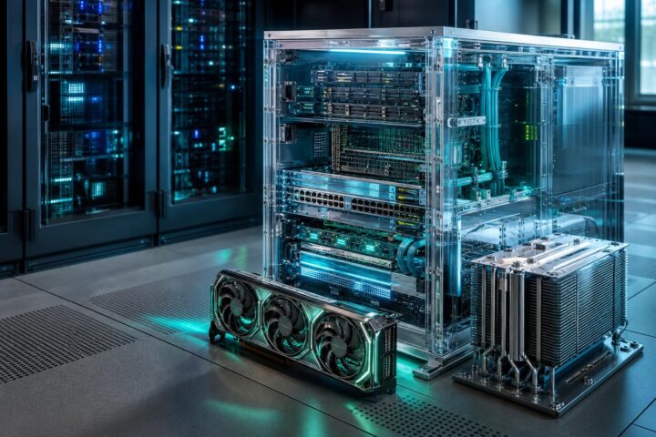 Ein transparentes Servergehäuse mit Motherboards und Netzwerkkomponenten steht neben einem Hochleistungs-GPU und einem