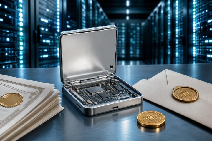 Ein geöffneter silberner Hardware-Wallet mit sichtbarer Platine liegt auf einem Tisch vor Server-Racks, begleitet von