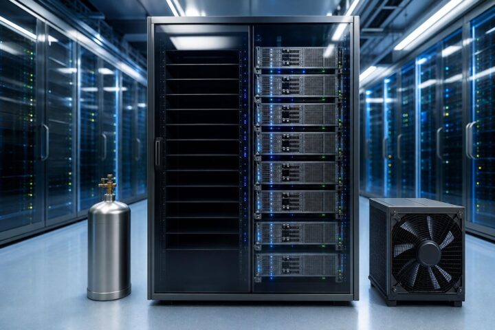 Ein leeres Server-Rack in einem kühl beleuchteten Rechenzentrum, daneben liegen ein silberner Gaszylinder und ein schwarzer
