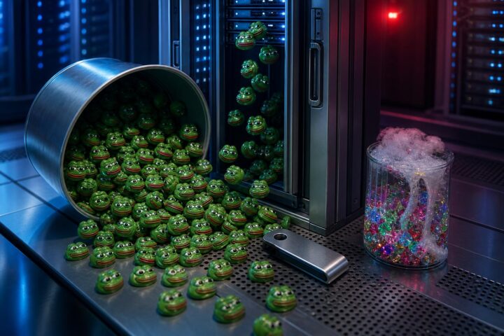 Grüne Froschfiguren fallen aus einem Metallbehälter in einen Serverrack, daneben liegt ein Hardware-Wallet und ein Glas mit