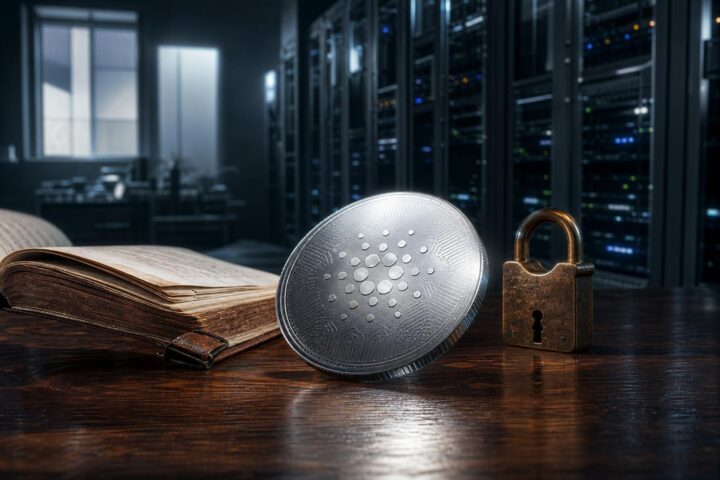 Ein silberner Token mit Gravuren liegt auf dunklem Holz neben einem alten Buch und einem Bronzeschloss vor Server-Racks.