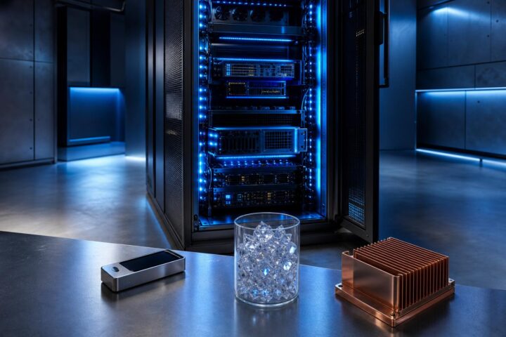 Ein geoffenes Server-Rack mit blauer LED-Beleuchtung, davor liegen ein Hardware-Wallet, ein Glas mit Kristallen und ein