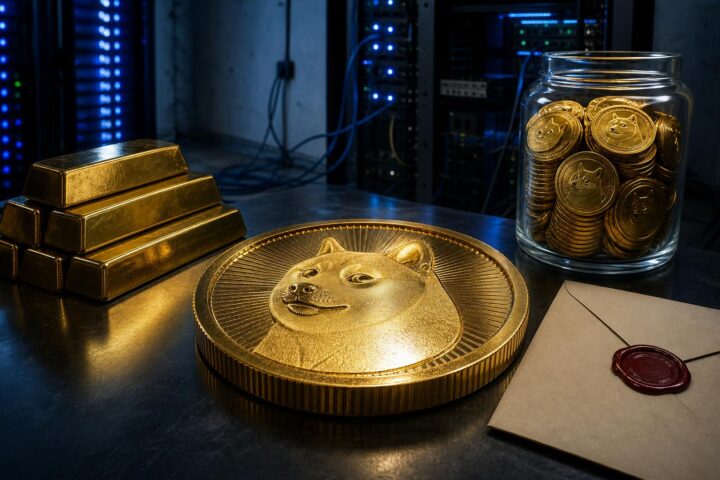Ein großer goldener Dogecoin mit Katzenmotiv liegt neben einem Stapel Goldbarren und einem Glas mit kleineren