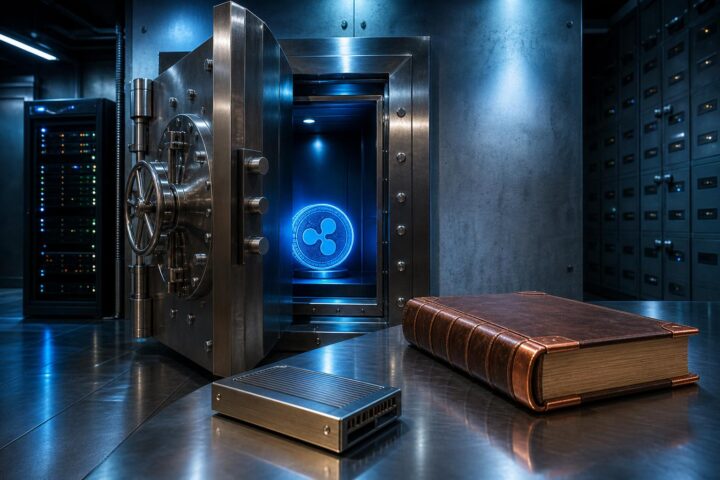 Ein massiver Stahlsafe mit geöffneter Tür zeigt eine leuchtend blaue, LED-ähnliche Kreisform. Im Hintergrund sind