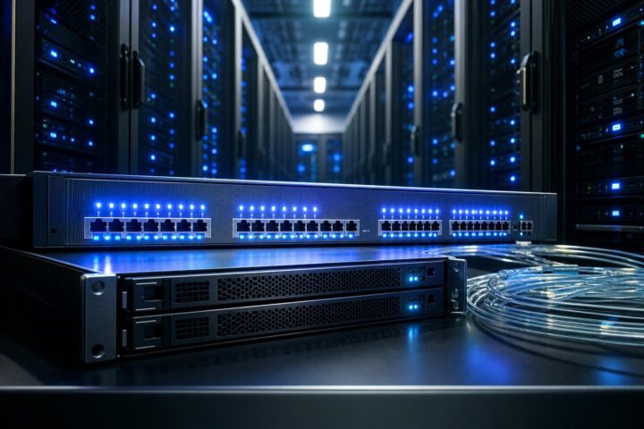 Ein beleuchteter Netzwerk-Switch mit LED-Anzeigen steht vor Server-Racks in einem klimatisierten Datenzentrum mit blauem