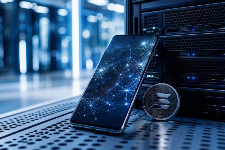 Ein modernes Smartphone mit leuchtenden Netzwerklinien auf dem Display steht neben einer schwarzen Server-Rack-Einheit mit