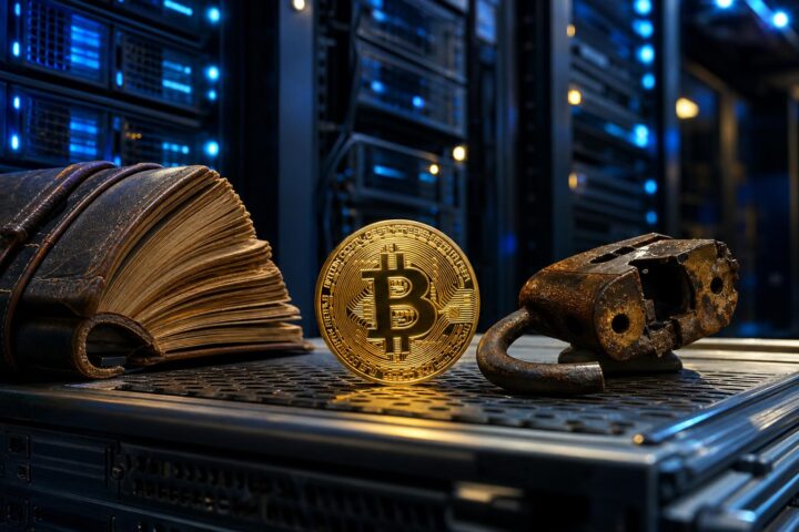 Ein goldener Bitcoin auf einem Server-Rack, daneben liegen ein altes Kontobuch und ein zerbrochenes Vorhängeschloss.