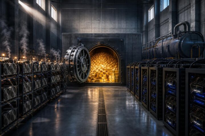 Ein großer Rechenzentrumsraum mit hohen Decken und Betonwänden, in dem ASIC-Mining-Rigs und KI-GPU-Server-Racks aufgestellt