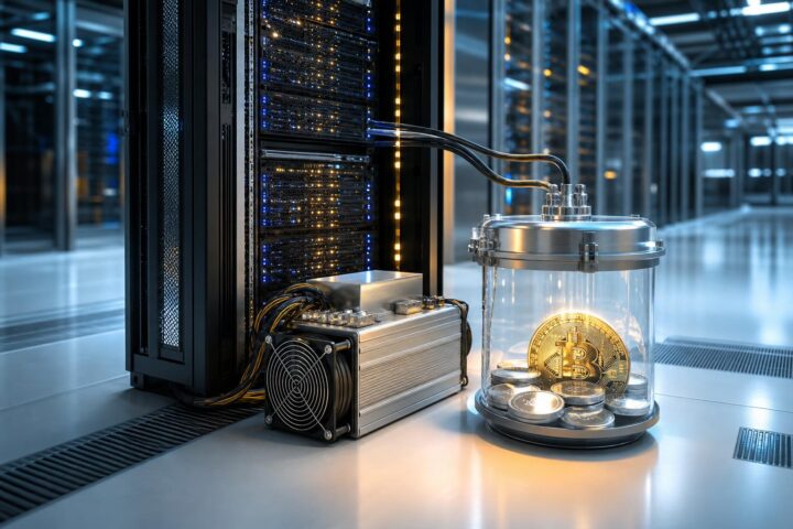 Ein ASIC-Mining-Gerät steht neben einem Glasbehälter mit einem goldenen Bitcoin und silbernen Token in einem modernen