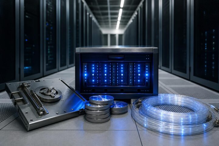 Ein Hardware-Sicherheitsmodul mit blauen LEDs steht zwischen Server-Racks in einem Datenzentrum, begleitet von einem offenen
