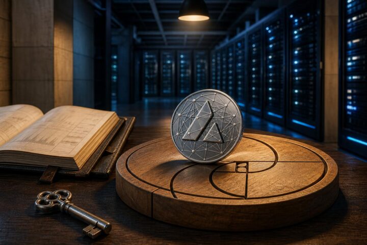 Ein metallischer Coin mit Netzwerk-Muster liegt auf einer hölzernen Plattform mit Fibonacci-Spirale in einer Serverhalle.