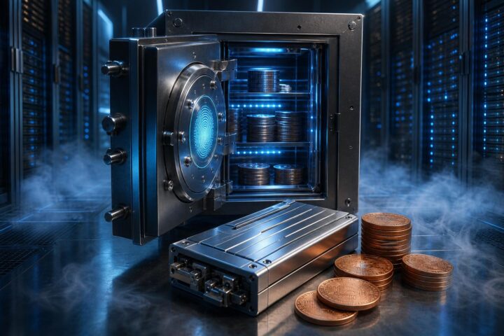 Ein geöffnete Tresor mit blauem Licht im Inneren steht in einem Rechenzentrum neben einem Hardware-Sicherheitmodul und einem