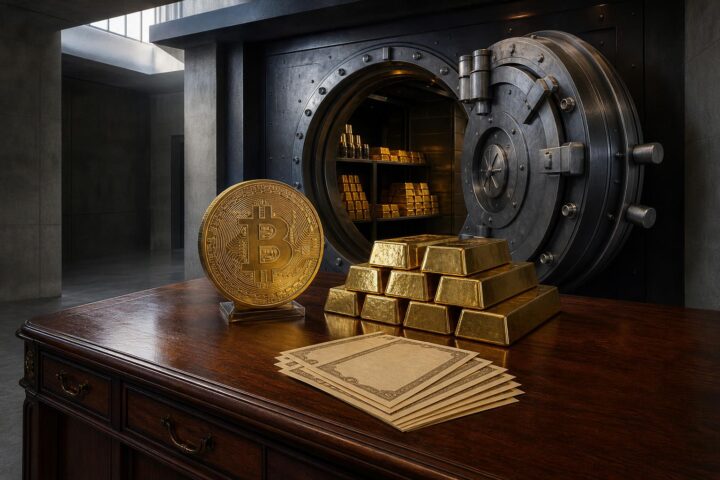 Ein Tresor mit geöffneter Tür zeigt Goldbarren, davor liegen ein Bitcoin-Münze und Vorzugsaktien-Zertifikate auf einem